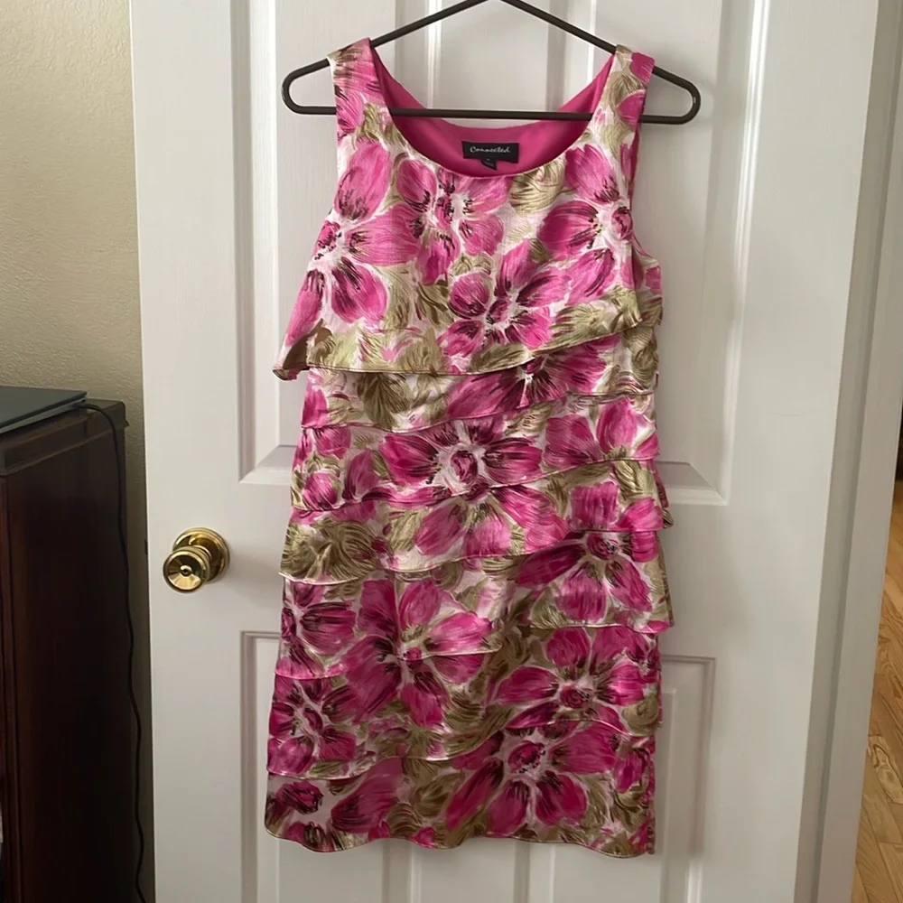Tiered floral dress by Connected. Size 6. Pink and green floral. Has a shimmer
